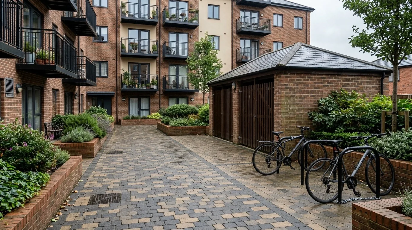 A freshly cleaned communal courtyard and walkway at a block of flats