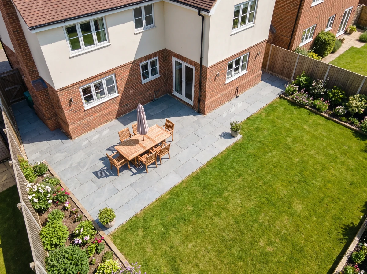 Aerial view of a large freshly cleaned grey-slab patio wrapping around a Surrey home