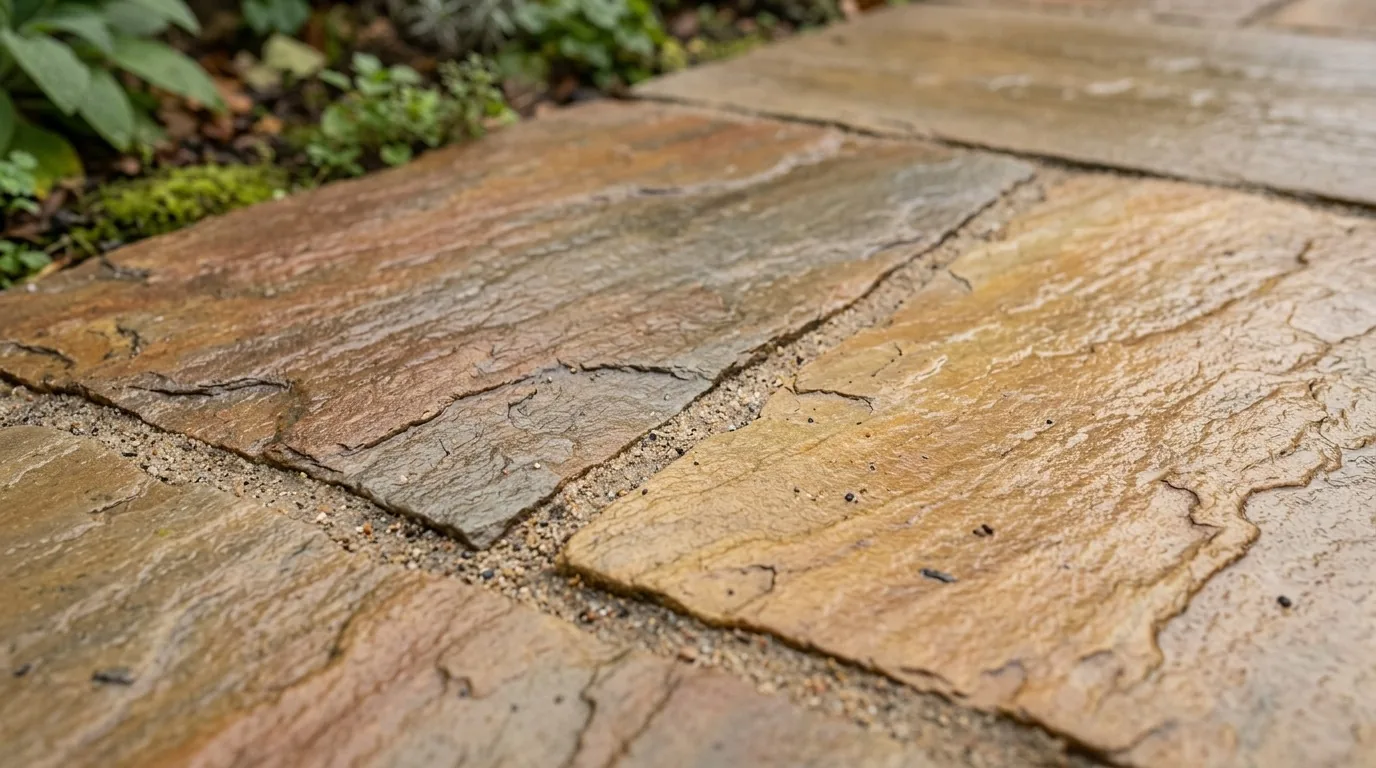 Riven Indian sandstone paving slabs, lightly damp, showing the natural texture